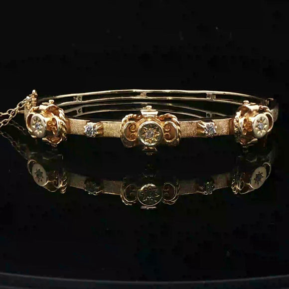 14k Yellow Gold and Diamond 16.3g Solid Vintage Bangle Bracelet 6.5