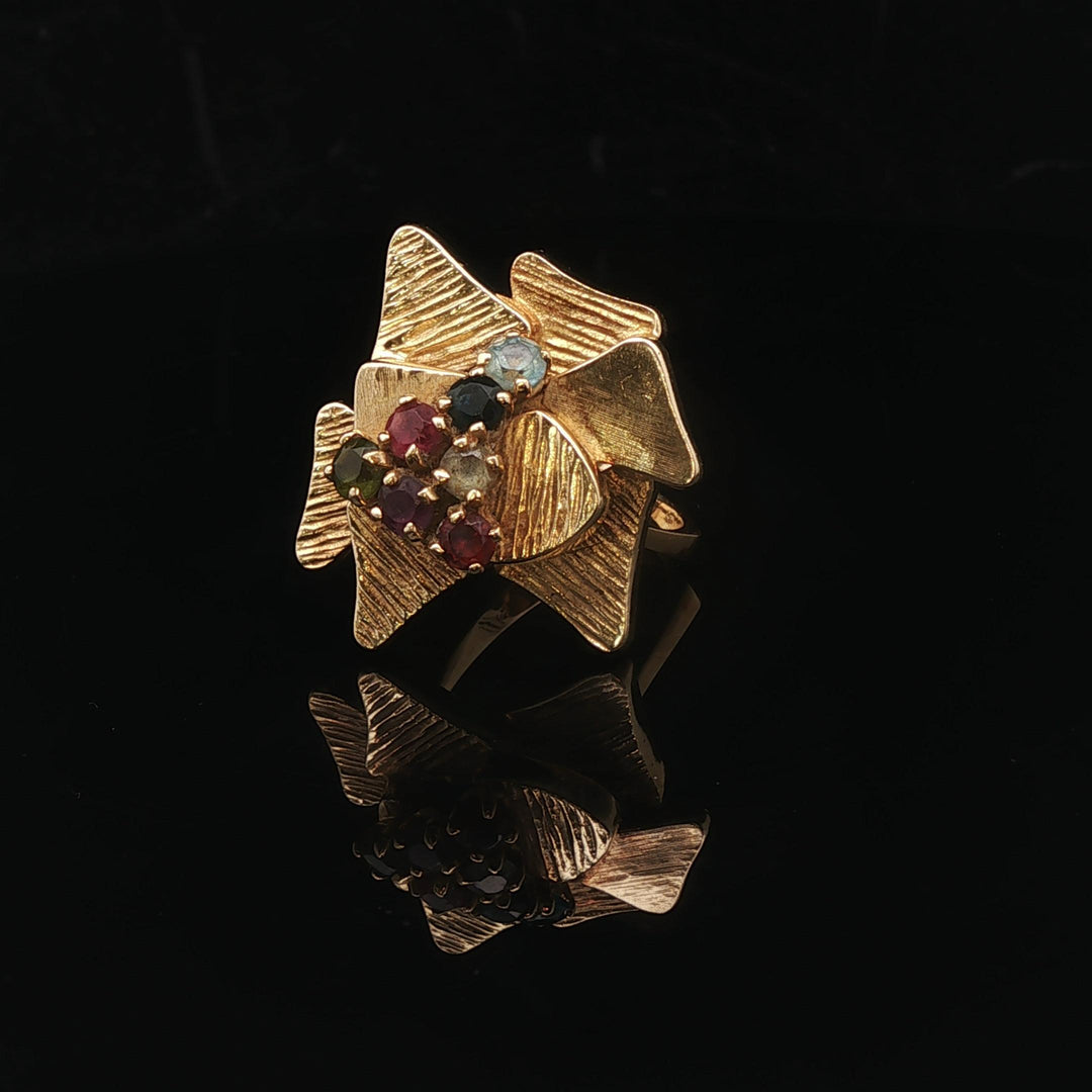 18k Yellow Gold 9.3g Solid Vintage Abstract Multi Gemstone Ring Size 8
