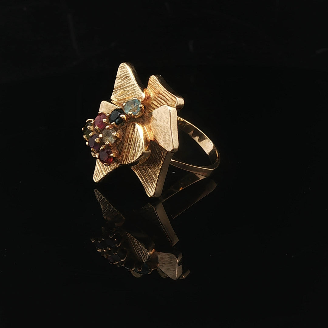 18k Yellow Gold 9.3g Solid Vintage Abstract Multi Gemstone Ring Size 8