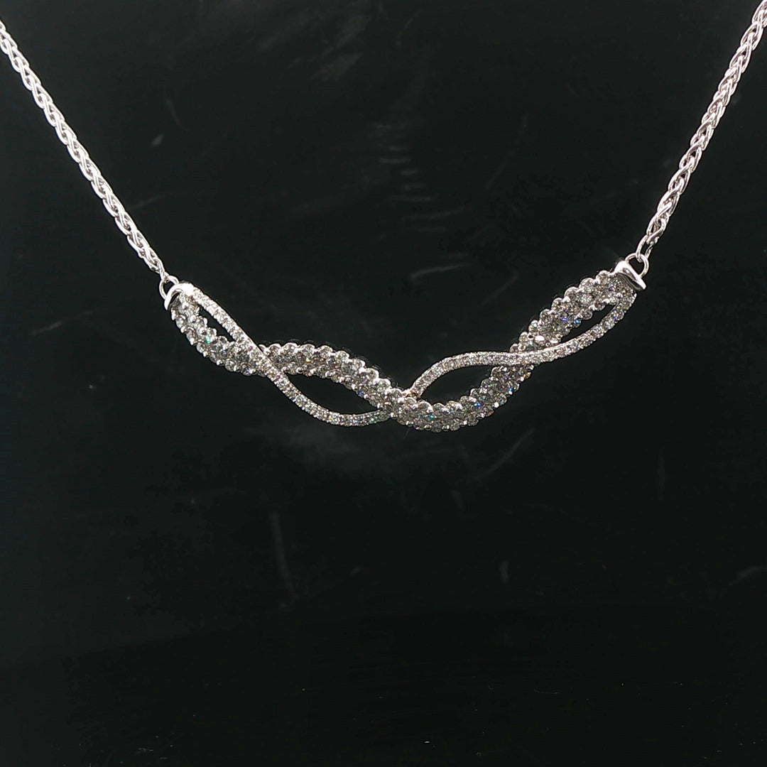 14k White Gold and 3cttw Diamond Wheat Link Fancy Pendant Necklace Italy 15"