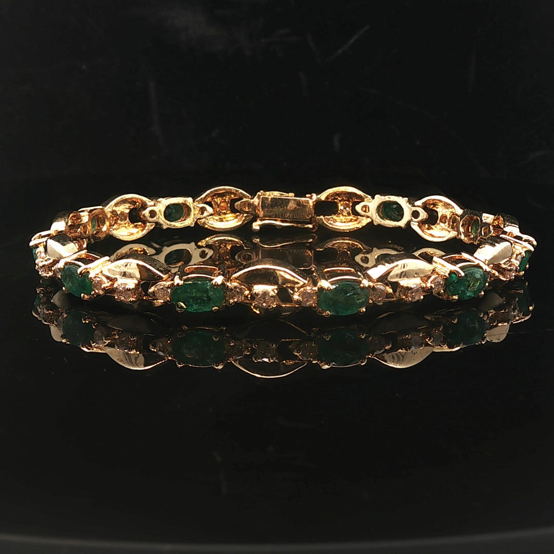 14k Yellow Gold Emerald and Diamond 20.7g Ladies Fancy Link Bracelet 7.25"
