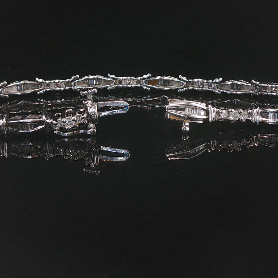 14k White Gold and 1cttw Round and Baguette Diamond Link Bracelet 7"