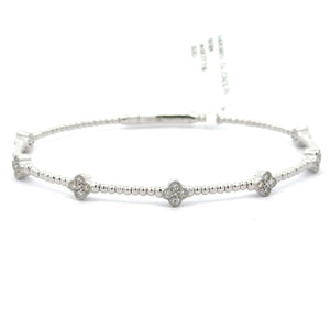 Brand New 14k White Gold and Diamond Clover Station Flex Bangle Bracelet 7"