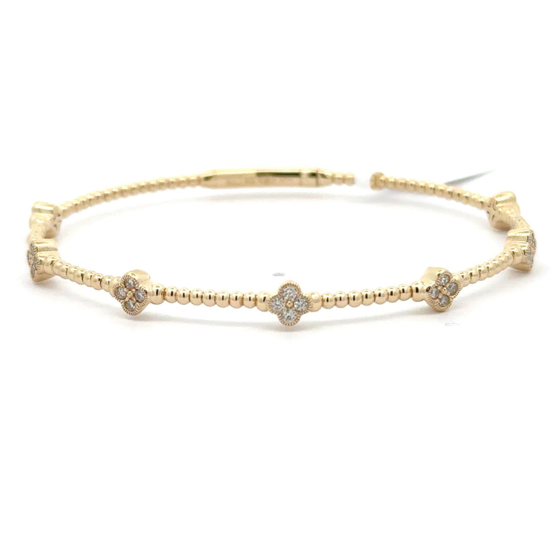 Brand New 14k Yellow Gold and Diamond Clover Station Flex Bangle Bracelet 7"