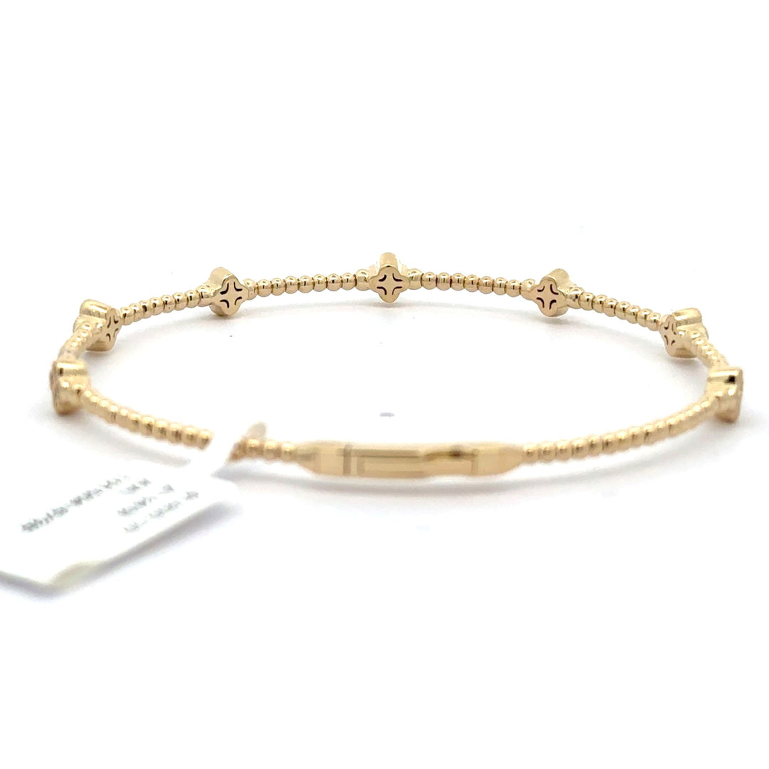 Brand New 14k Yellow Gold and Diamond Clover Station Flex Bangle Bracelet 7"