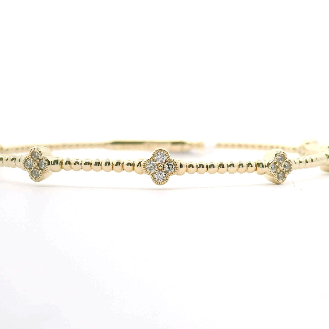 Brand New 14k Yellow Gold and Diamond Clover Station Flex Bangle Bracelet 7"