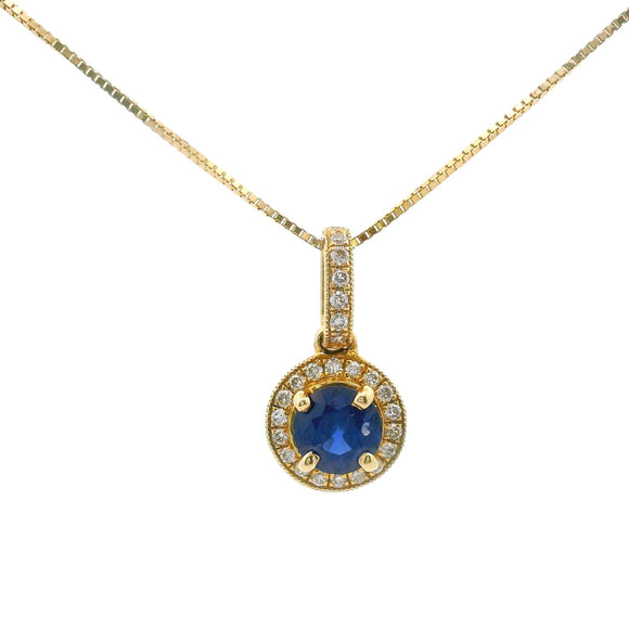 Brand New 14k Yellow Gold Sapphire and Diamond Halo Pendant Necklace 18