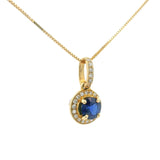 Brand New 14k Yellow Gold Sapphire and Diamond Halo Pendant Necklace 18"