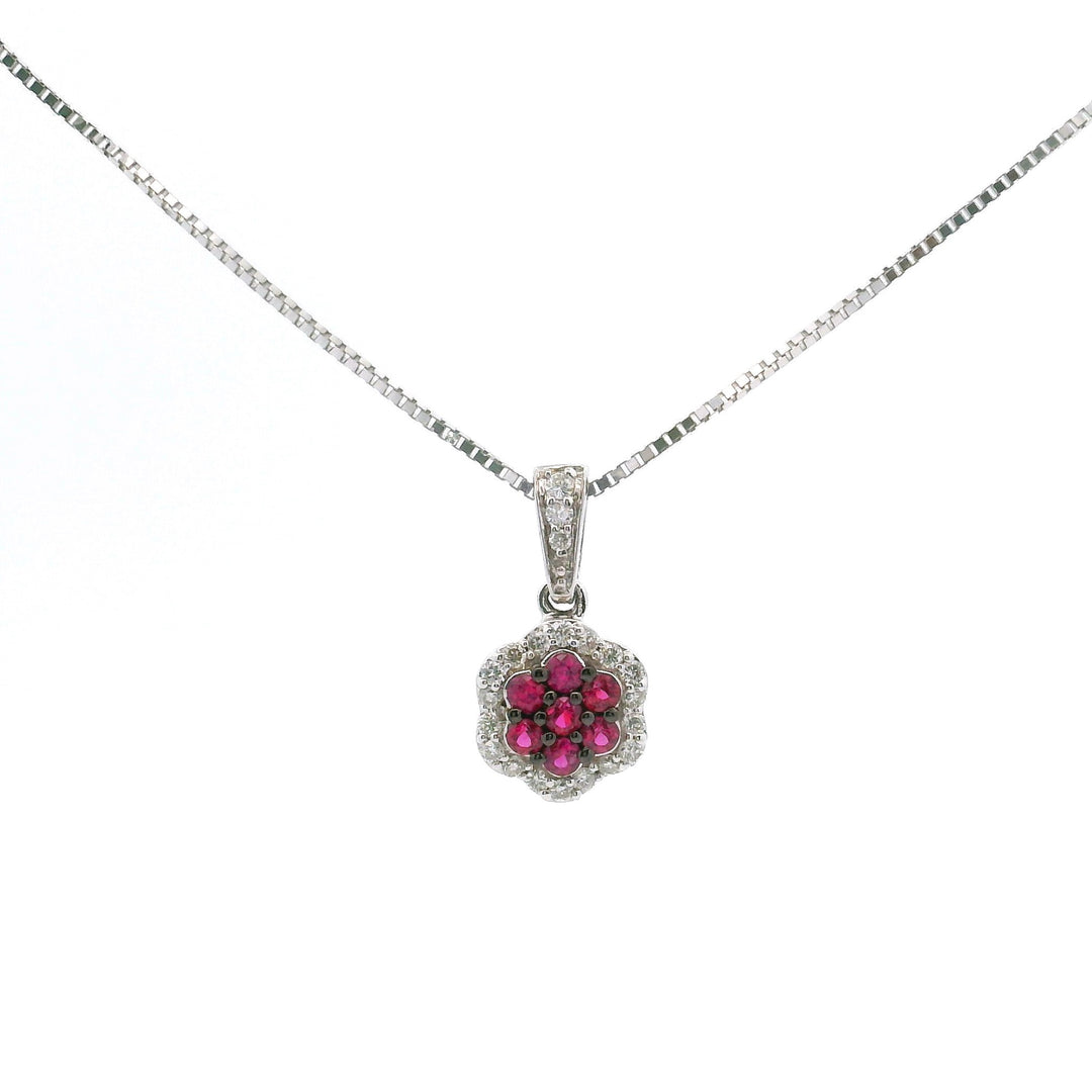 Brand New 14k White Gold Ruby and Diamond Halo Pendant Necklace 20"