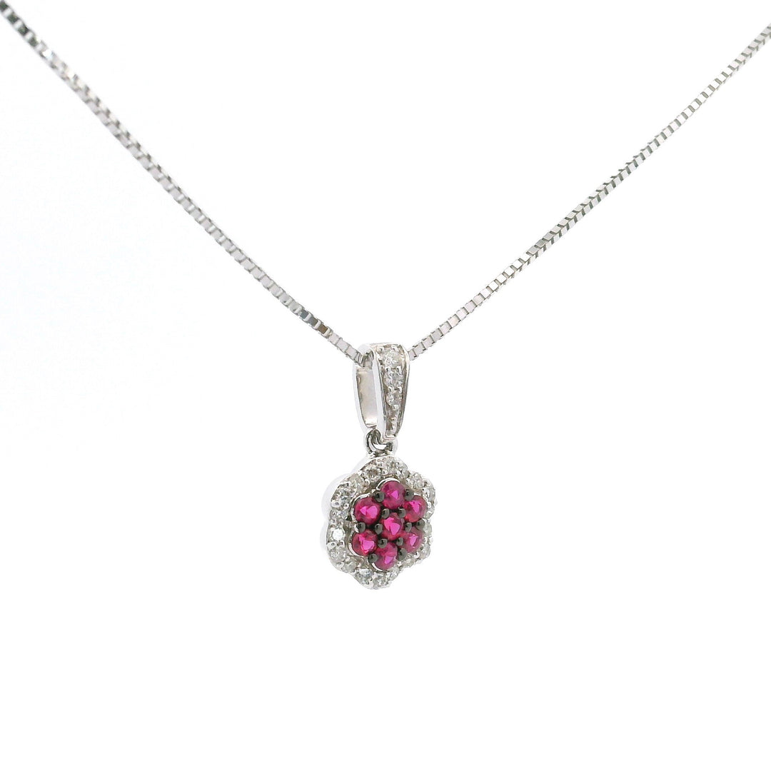 Brand New 14k White Gold Ruby and Diamond Halo Pendant Necklace 20"