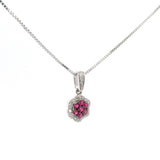 Brand New 14k White Gold Ruby and Diamond Halo Pendant Necklace 20"