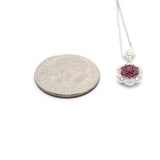 Brand New 14k White Gold Ruby and Diamond Halo Pendant Necklace 20"