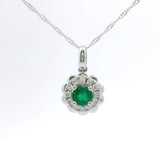 Brand New 14k White Gold Emerald and Diamond Halo Pendant Necklace 18"