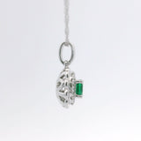 Brand New 14k White Gold Emerald and Diamond Halo Pendant Necklace 18"