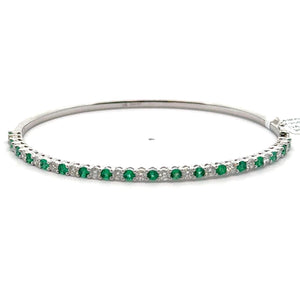 Brand New 14k White Gold Emerald and Diamond Bangle Bracelet 6.5"