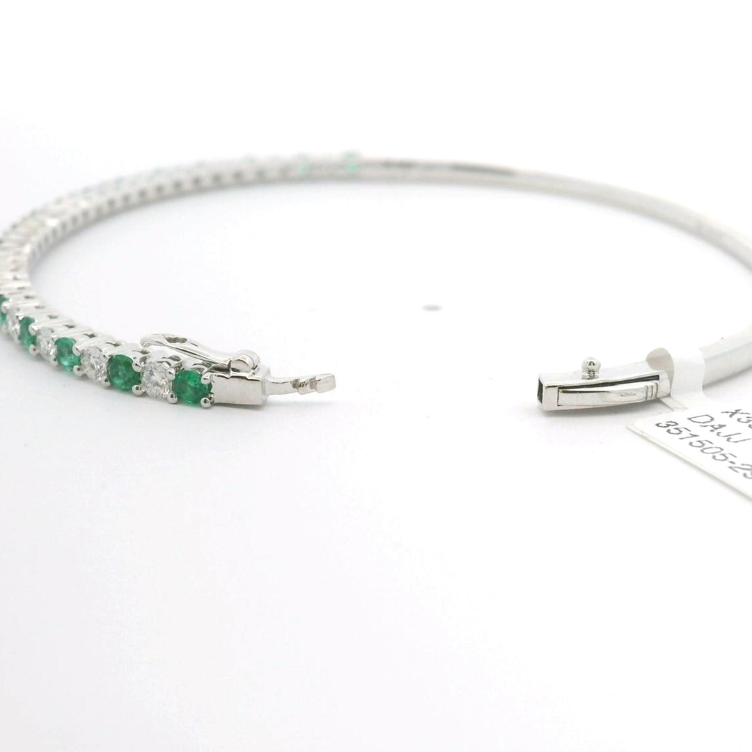 Brand New 14k White Gold Emerald and Diamond Bangle Bracelet 6.5"