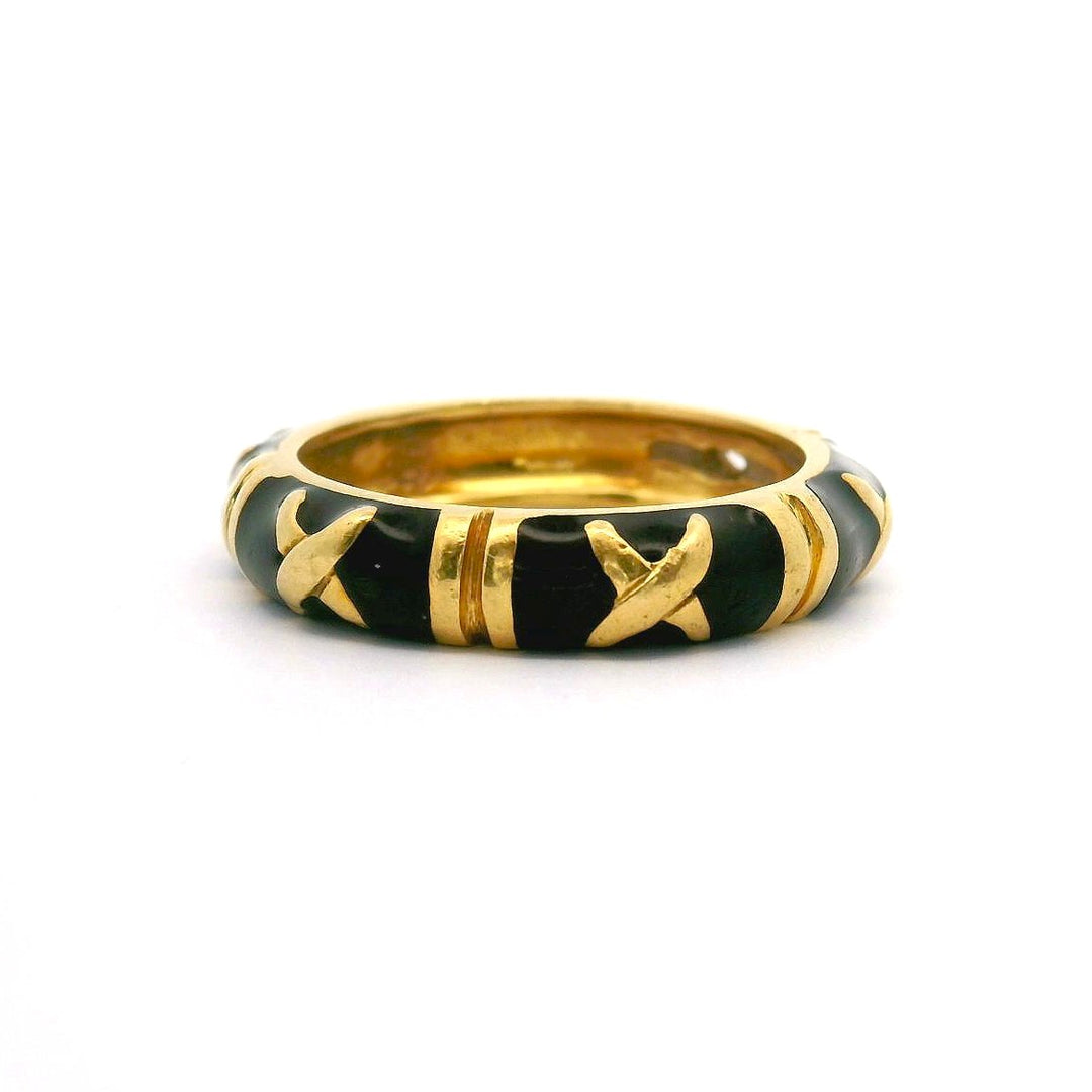 Hidalgo 18k Yellow Gold and Black Enamel Band Ring Size 8.5