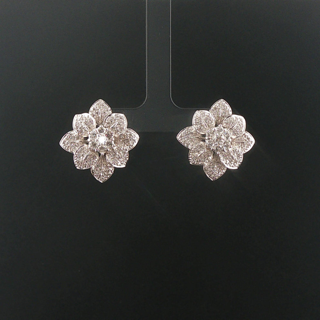 18k White Gold and 1.80cttw Diamond Heavy Floral Stud Earrings 1"