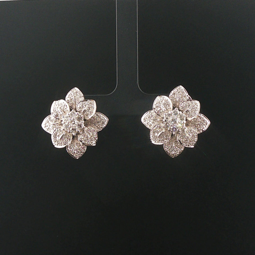18k White Gold and 1.80cttw Diamond Heavy Floral Stud Earrings 1"