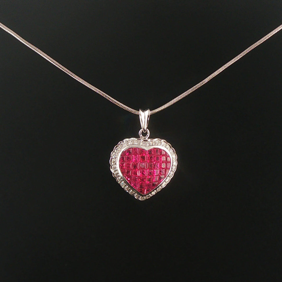 18k White Gold Ruby and Diamond Heart Pendant and 14k Snake Necklace 18"