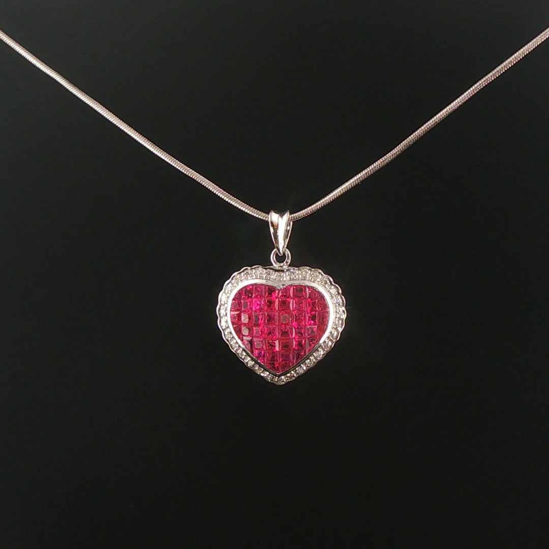 18k White Gold Ruby and Diamond Heart Pendant and 14k Snake Necklace 18"