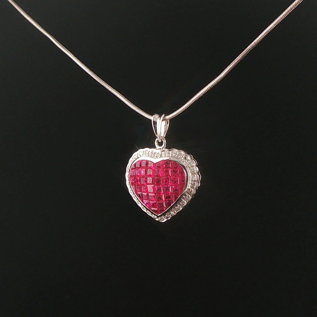 18k White Gold Ruby and Diamond Heart Pendant and 14k Snake Necklace 18"