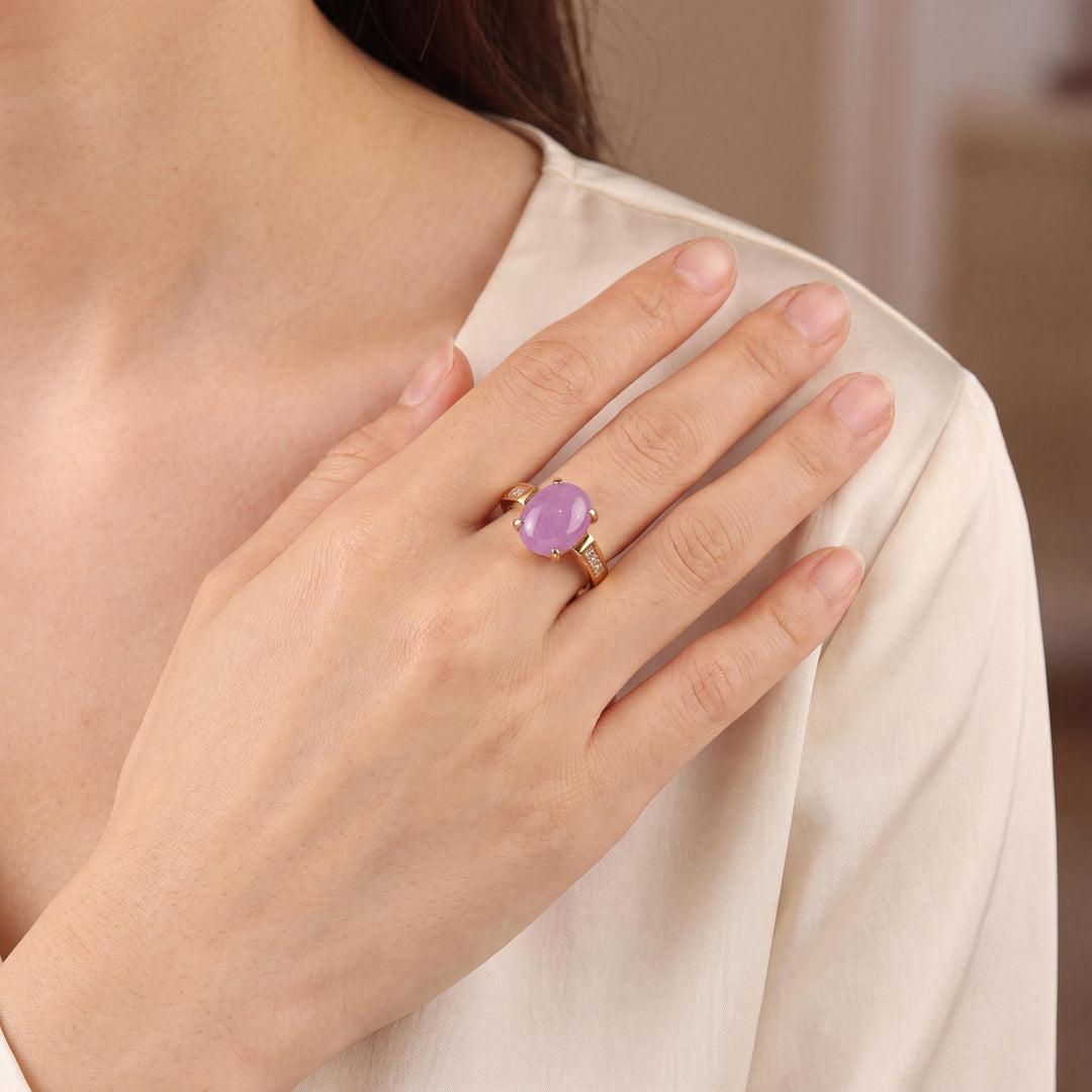 18k Yellow Gold 4.24ct Lavender Jade and Diamond Ladies Ring Size 6.5