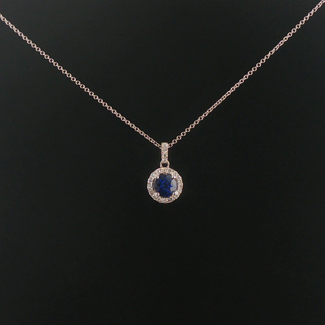 18k White Gold 0.97ct Sapphire and 0.30cttw Diamond Halo Pendant Necklace 16"