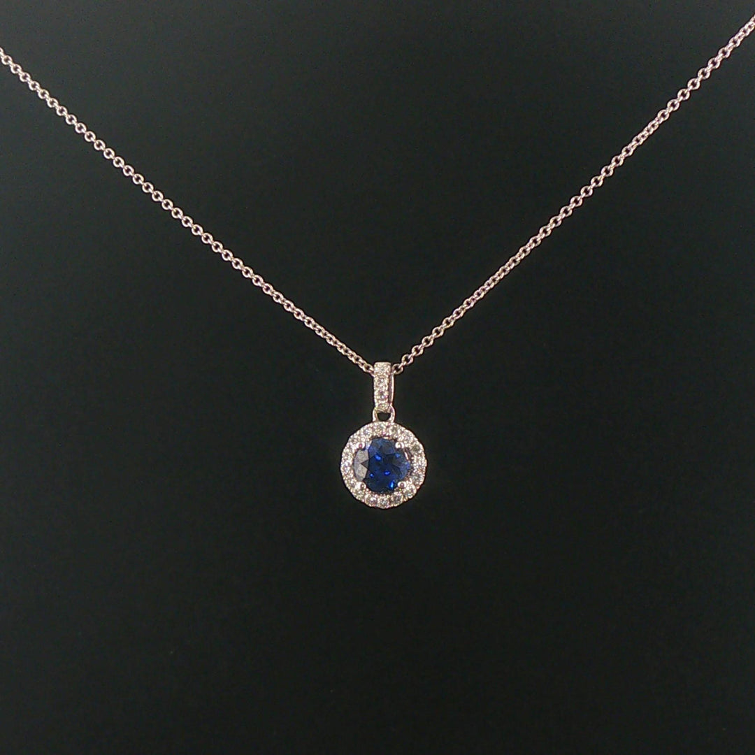18k White Gold 0.97ct Sapphire and 0.30cttw Diamond Halo Pendant Necklace 16"
