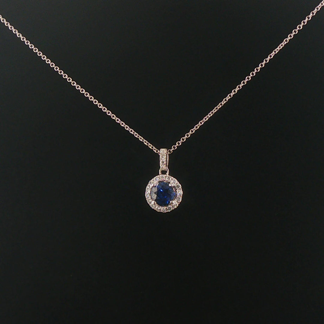 18k White Gold 0.97ct Sapphire and 0.30cttw Diamond Halo Pendant Necklace 16"