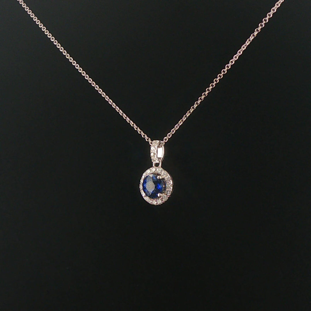 18k White Gold 0.97ct Sapphire and 0.30cttw Diamond Halo Pendant Necklace 16"