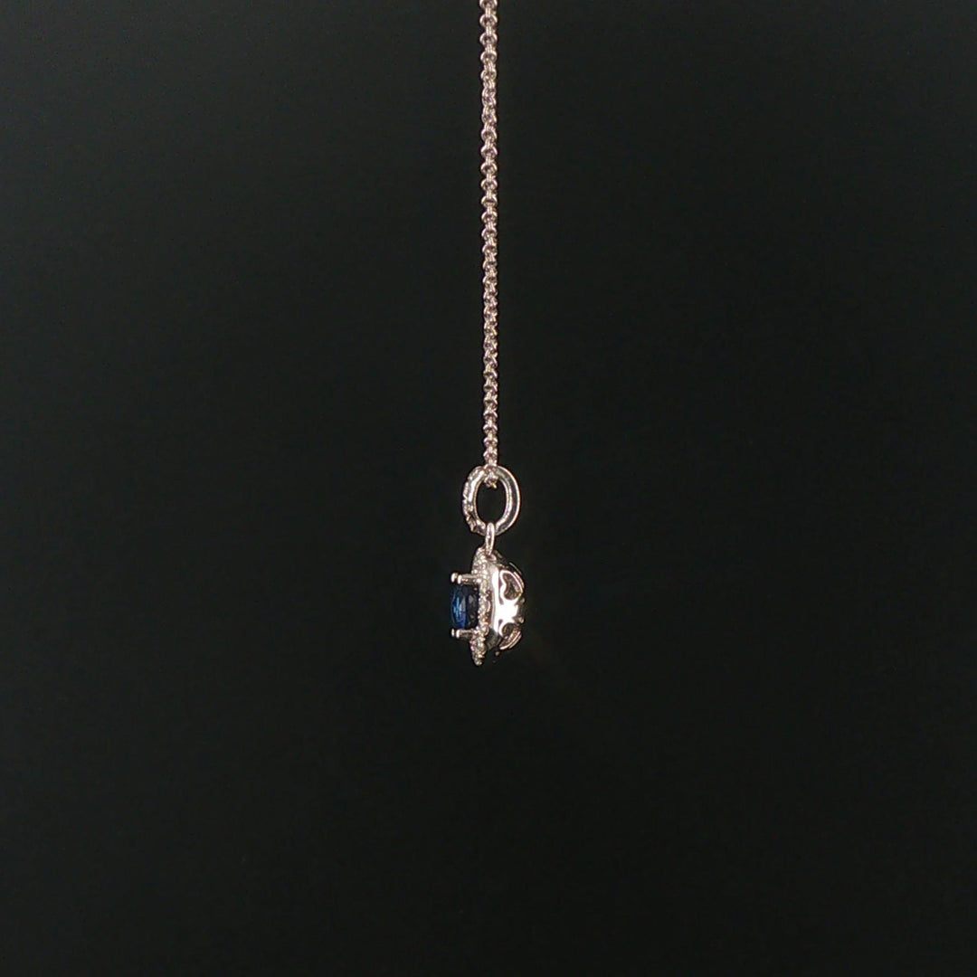 18k White Gold 0.97ct Sapphire and 0.30cttw Diamond Halo Pendant Necklace 16"