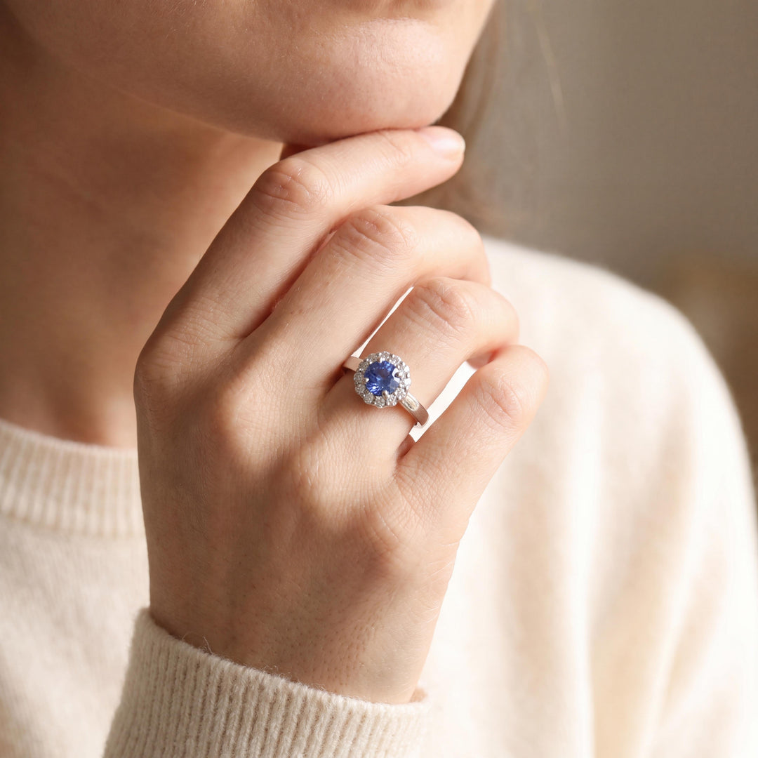 Platinum 0.68cttw Tanzanite and 0.25cttw Diamond Halo Ring Size 6.5