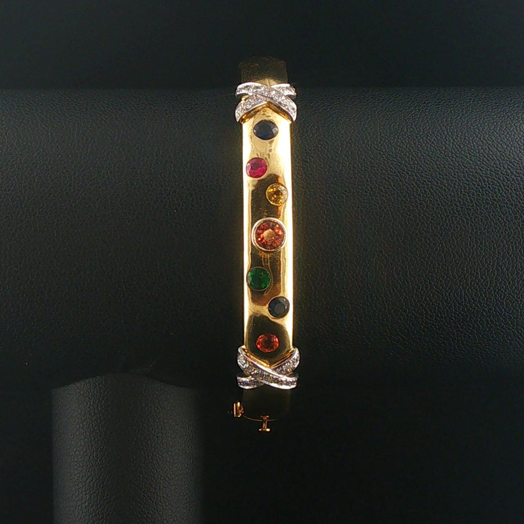 18k Yellow Gold 39g Heavy Multi Gemstone and Diamond Bangle Bracelet 6.5"