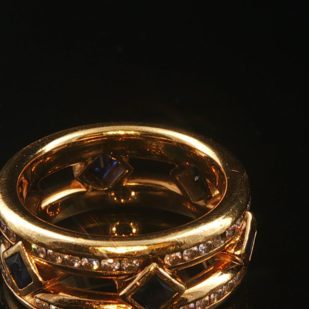 18k Yellow Gold Blue Sapphire and 0.75cttw Diamond Vintage Band Ring Size 6