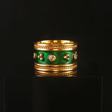 18k Yellow Gold Green Enamel and Diamond Vintage Solid Band Ring Size 6.5