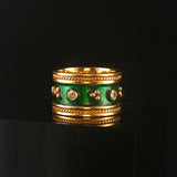 18k Yellow Gold Green Enamel and Diamond Vintage Solid Band Ring Size 6.5
