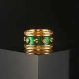 18k Yellow Gold Green Enamel and Diamond Vintage Solid Band Ring Size 6.5