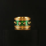 18k Yellow Gold Green Enamel and Diamond Vintage Solid Band Ring Size 6.5