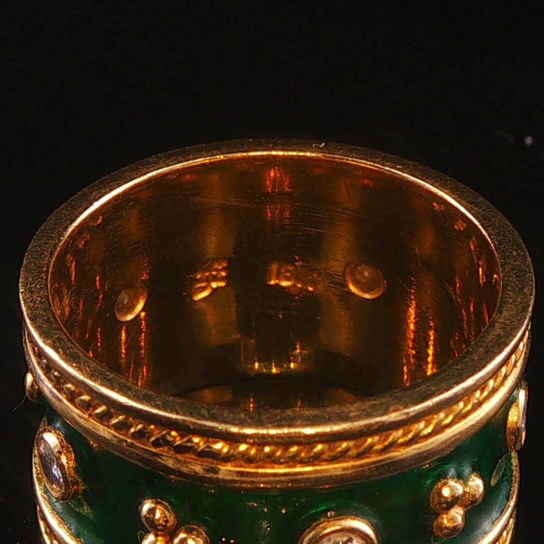 18k Yellow Gold Green Enamel and Diamond Vintage Solid Band Ring Size 6.5