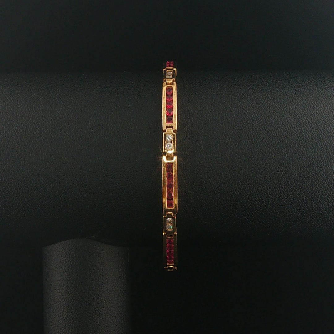 14k Yellow Gold Ruby and 0.50cttw Diamond Solid 12g Bar Link Bracelet 7"
