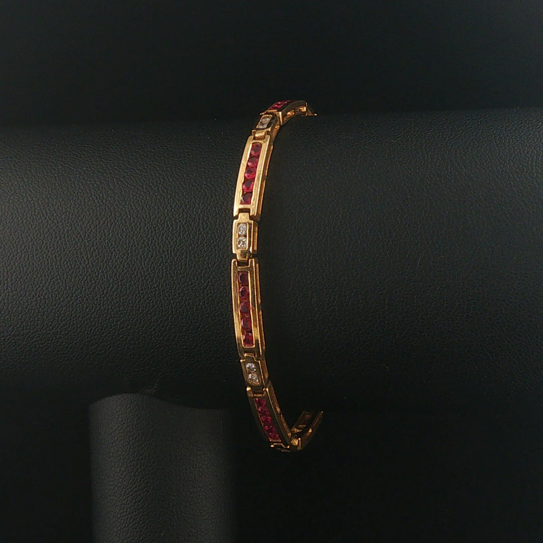 14k Yellow Gold Ruby and 0.50cttw Diamond Solid 12g Bar Link Bracelet 7"