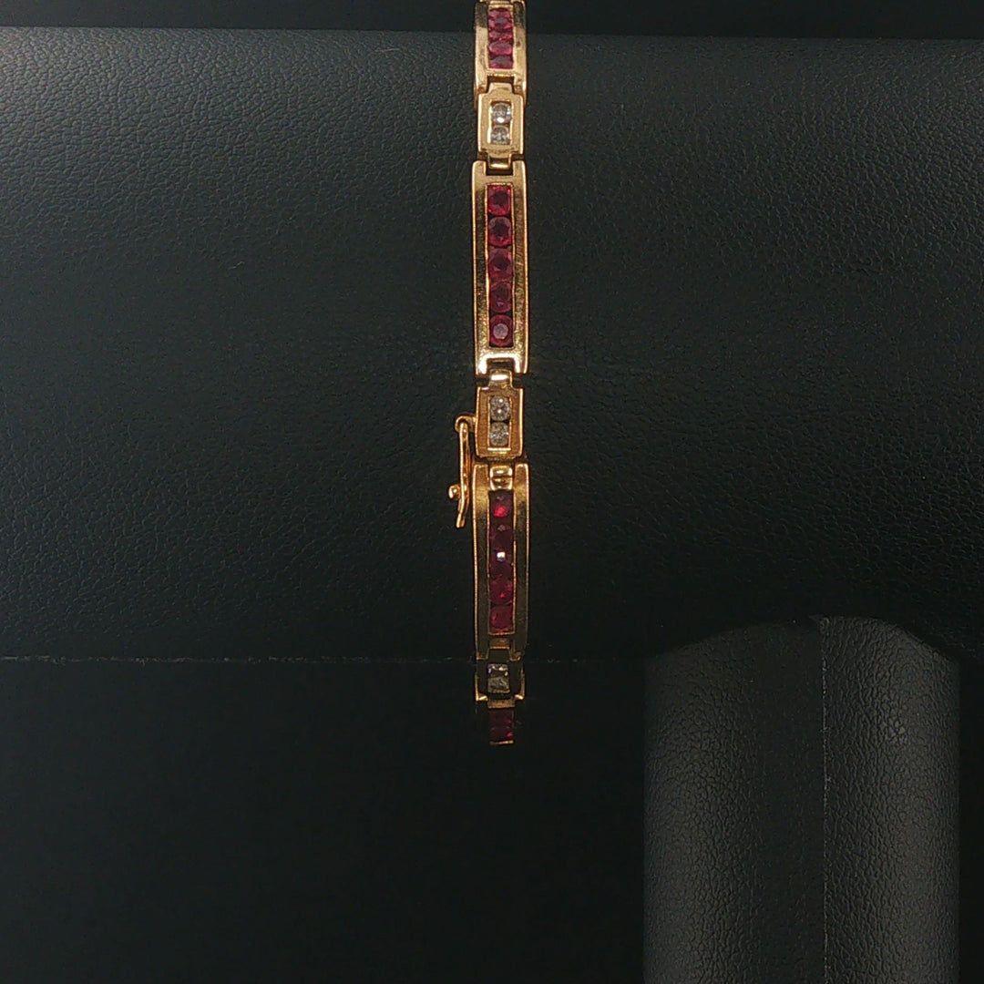 14k Yellow Gold Ruby and 0.50cttw Diamond Solid 12g Bar Link Bracelet 7"
