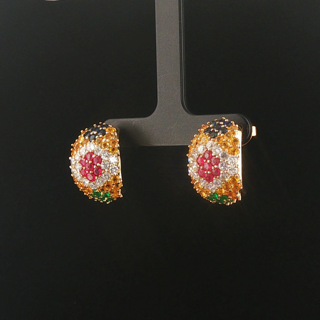14k Yellow Gold Sapphire Ruby Emerald and Diamond Huggie Earrings
