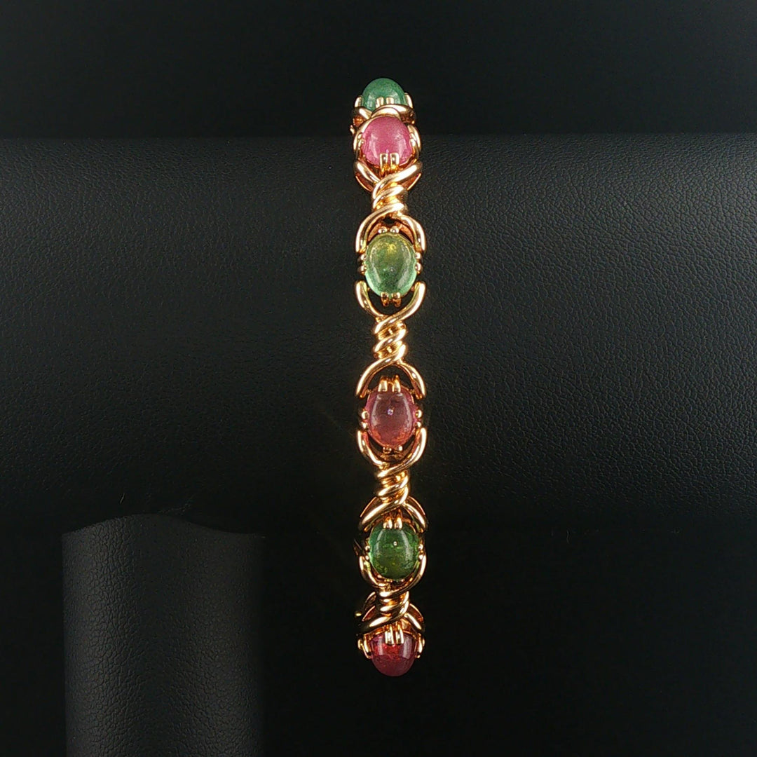 14k Yellow Gold and Cabochon Tourmaline 26g Solid Ladies Link Bracelet 7"