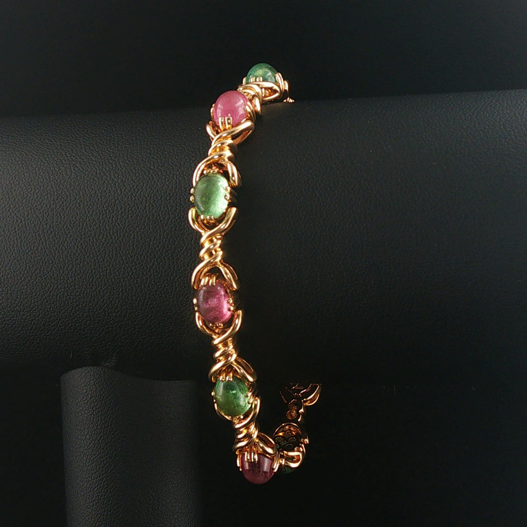 14k Yellow Gold and Cabochon Tourmaline 26g Solid Ladies Link Bracelet 7"