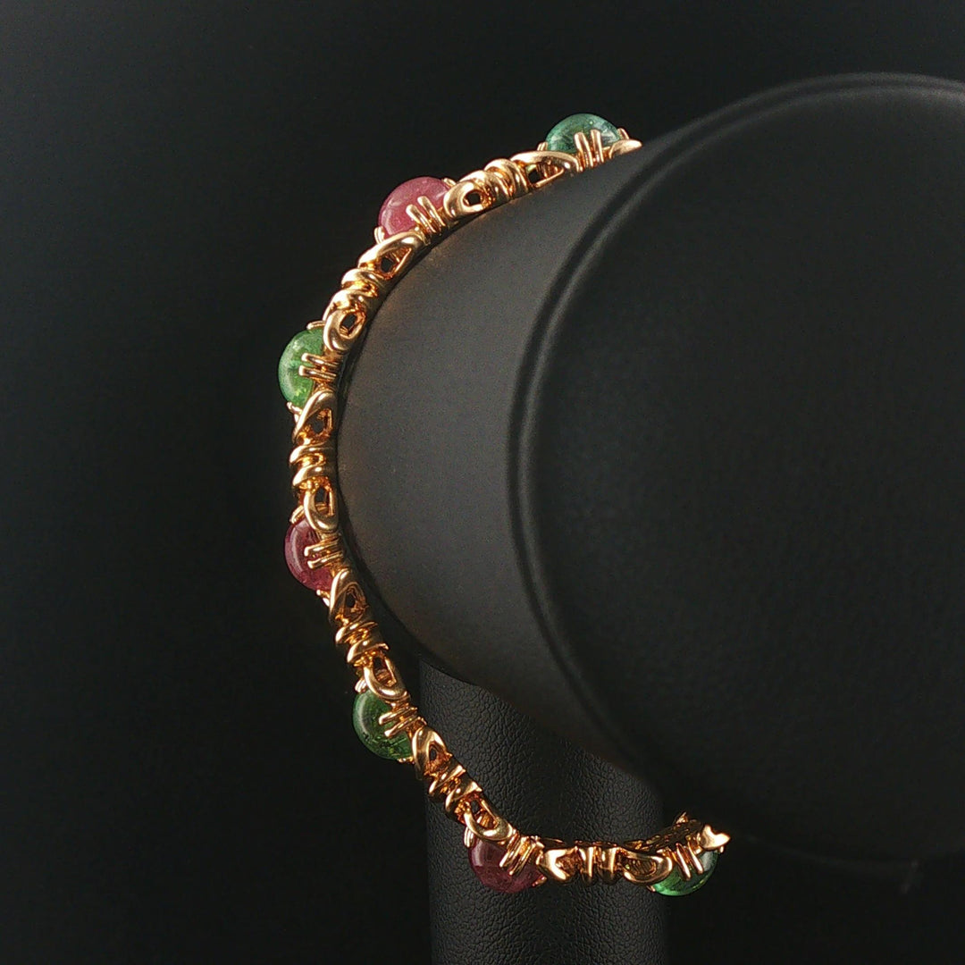 14k Yellow Gold and Cabochon Tourmaline 26g Solid Ladies Link Bracelet 7"