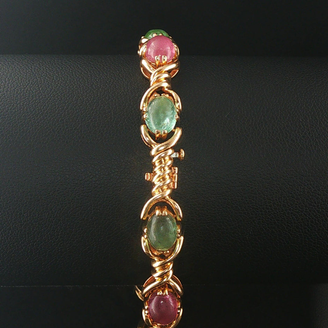 14k Yellow Gold and Cabochon Tourmaline 26g Solid Ladies Link Bracelet 7"