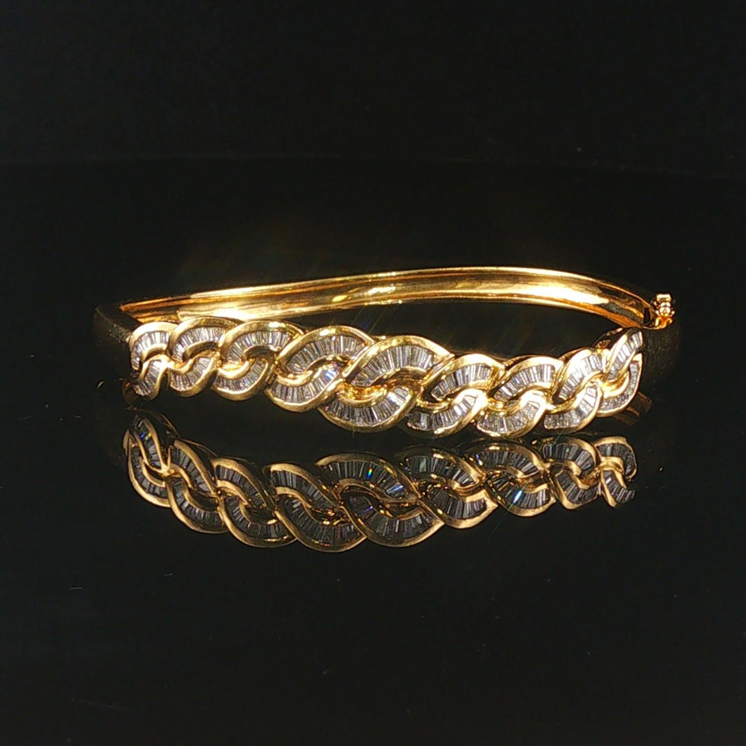 18k Yellow Gold and 2cttw Baguette Diamonds Solid Curved Bangle Bracelet 6.25"