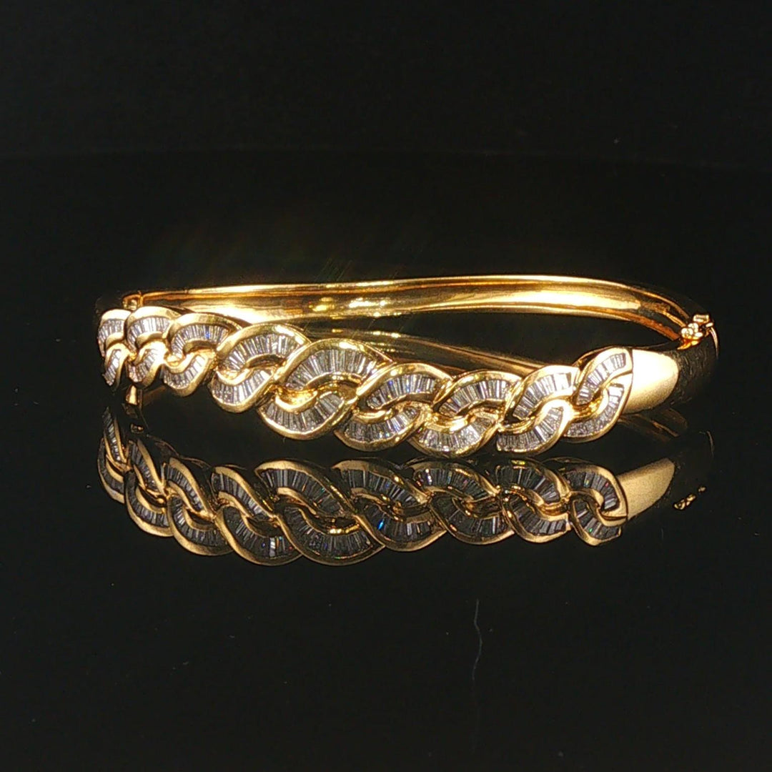 18k Yellow Gold and 2cttw Baguette Diamonds Solid Curved Bangle Bracelet 6.25"
